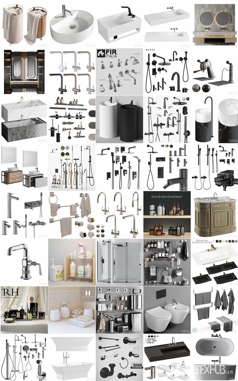 3Dsky Pro 120套卫生间花洒台盆淋浴洗漱用品3D模型合集 2024年4月