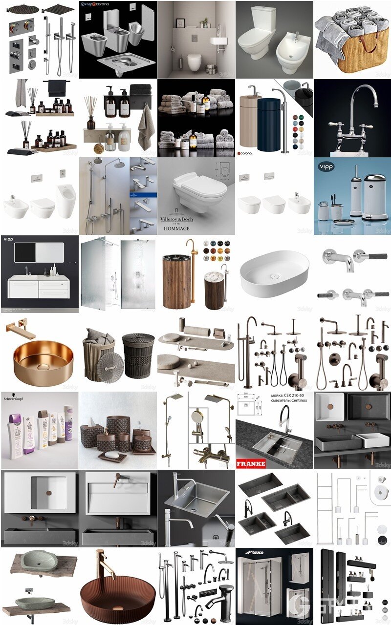 3Dsky Pro 120套卫生间花洒台盆淋浴洗漱用品3D模型合集 2024年4月