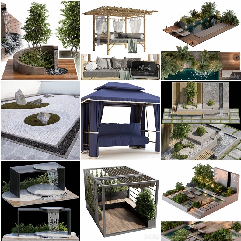 3DSky Pro景观庭院亭子游泳池水景3D模型合集14.9GB