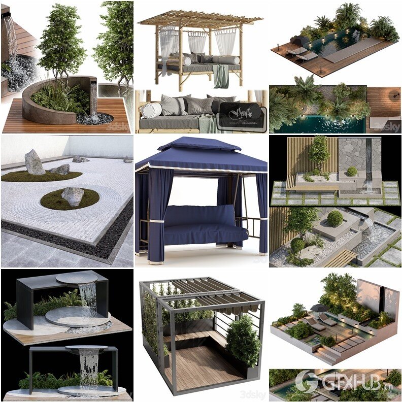 3DSky Pro景观庭院亭子游泳池水景3D模型合集14.9GB
