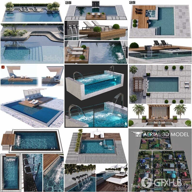 3DSky Pro景观庭院亭子游泳池水景3D模型合集14.9GB