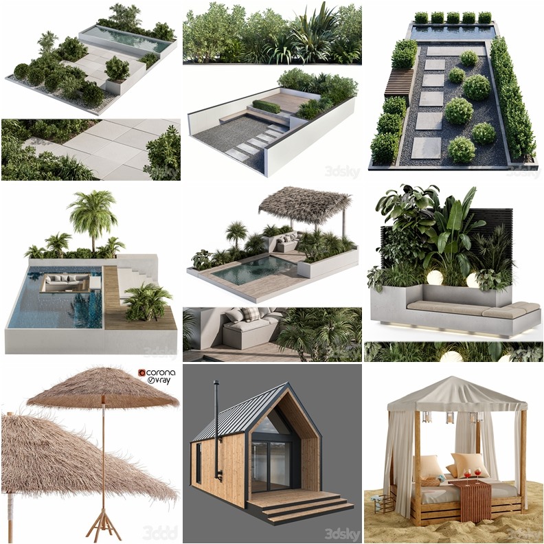 3DSky Pro景观庭院亭子游泳池水景3D模型合集14.9GB