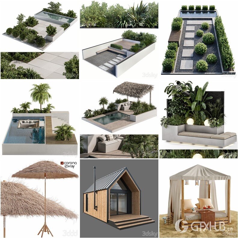 3DSky Pro景观庭院亭子游泳池水景3D模型合集14.9GB