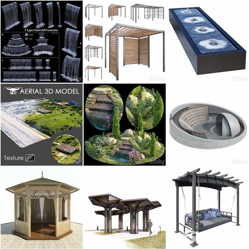3DSky Pro景观庭院亭子游泳池水景3D模型合集14.9GB