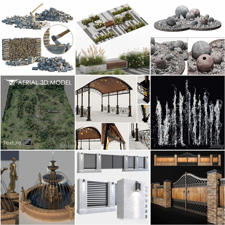 3DSky Pro景观庭院亭子游泳池水景3D模型合集14.9GB