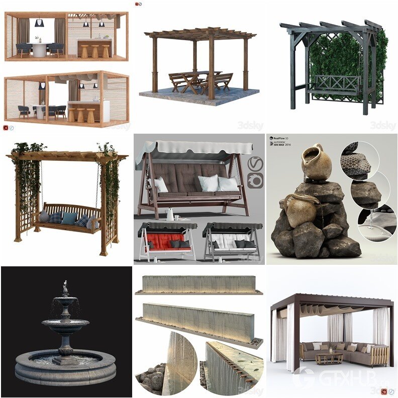 3DSky Pro景观庭院亭子游泳池水景3D模型合集14.9GB