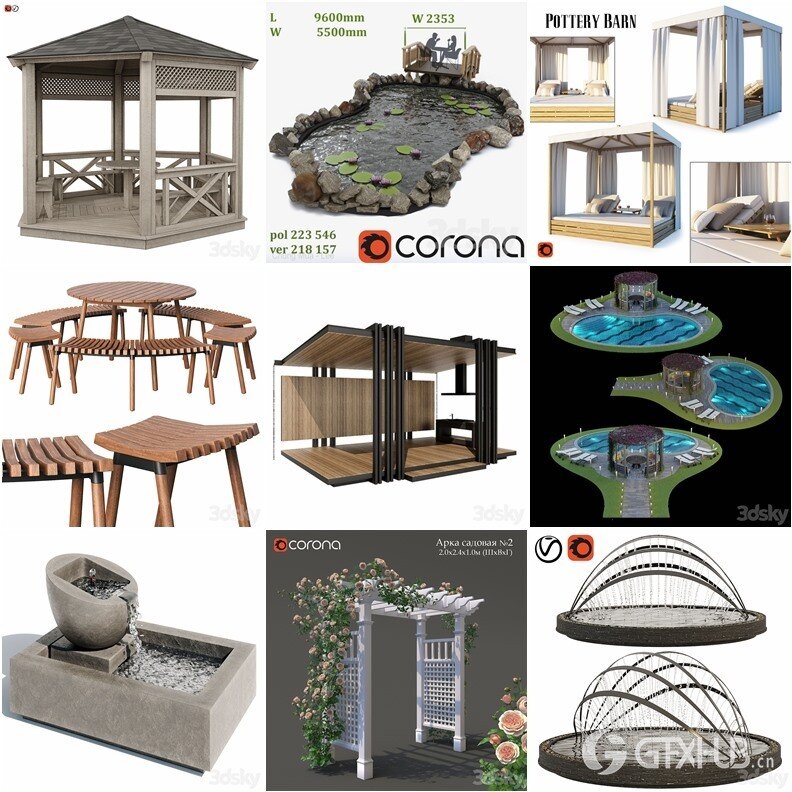 3DSky Pro景观庭院亭子游泳池水景3D模型合集14.9GB