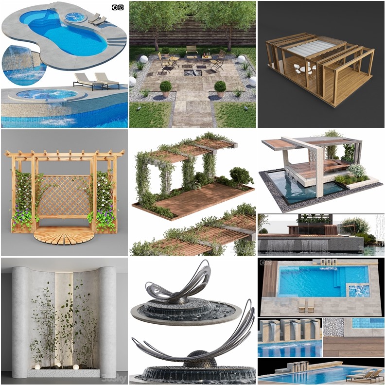 3DSky Pro景观庭院亭子游泳池水景3D模型合集14.9GB