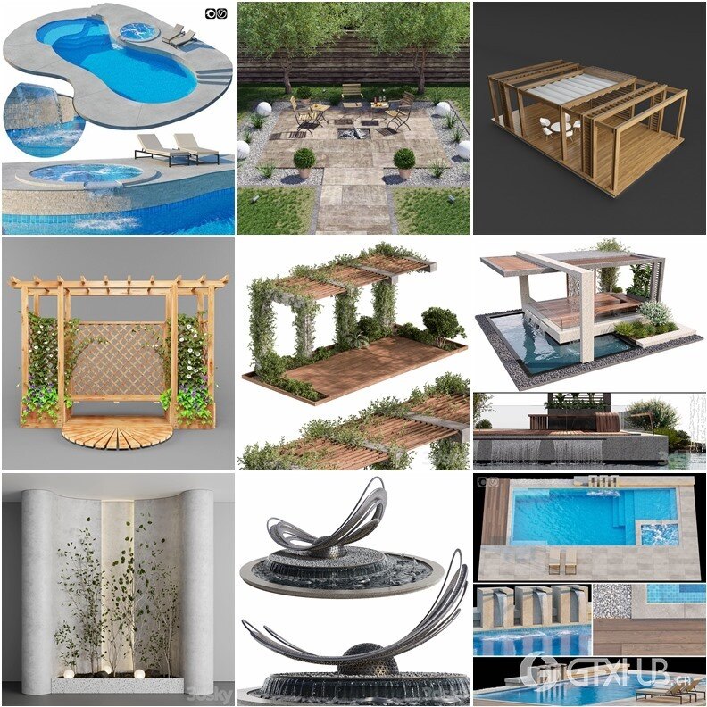 3DSky Pro景观庭院亭子游泳池水景3D模型合集14.9GB