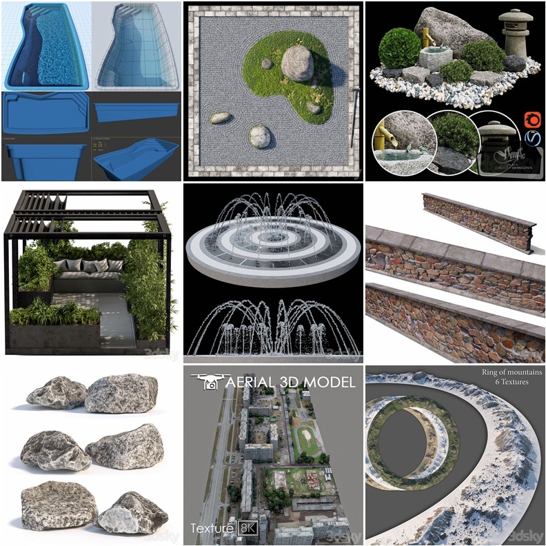 3DSky Pro景观庭院亭子游泳池水景3D模型合集14.9GB