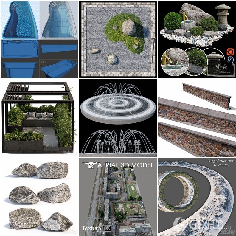 3DSky Pro景观庭院亭子游泳池水景3D模型合集14.9GB