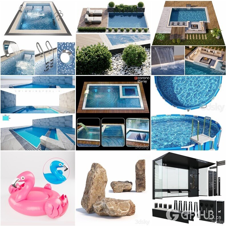 3DSky Pro景观庭院亭子游泳池水景3D模型合集14.9GB