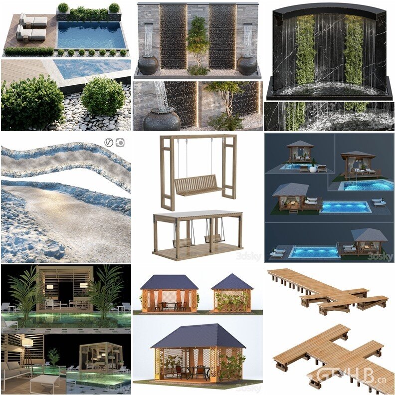 3DSky Pro景观庭院亭子游泳池水景3D模型合集14.9GB