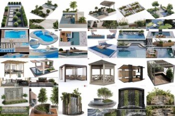 3DSky Pro景观庭院亭子游泳池水景3D模型合集14.9GB