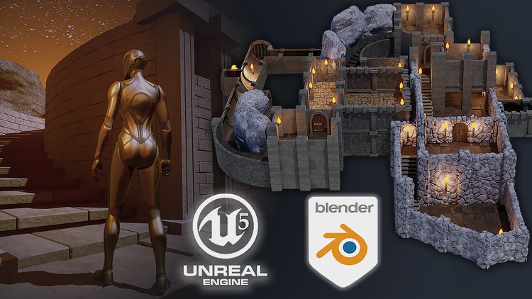 创建大型RPG 世界和游戏资产模块化系统教程 Blender 3 to Unreal Engine 5 Dungeon Modular Kitbash