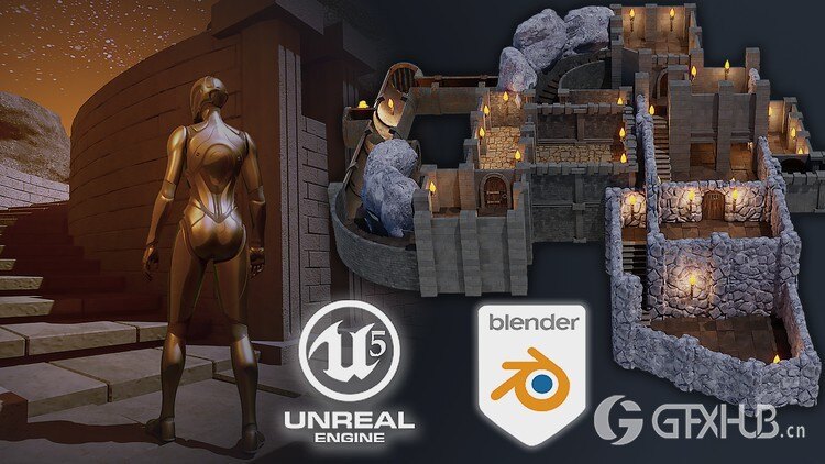 创建大型RPG 世界和游戏资产模块化系统教程 Blender 3 to Unreal Engine 5 Dungeon Modular Kitbash