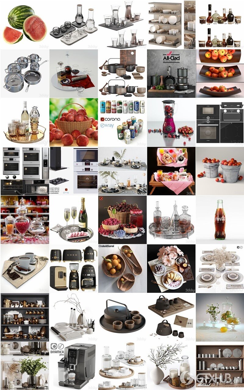 3DSky Pro 107套酒水饮料食品锅碗瓢盆水槽厨房装饰3D模型合集