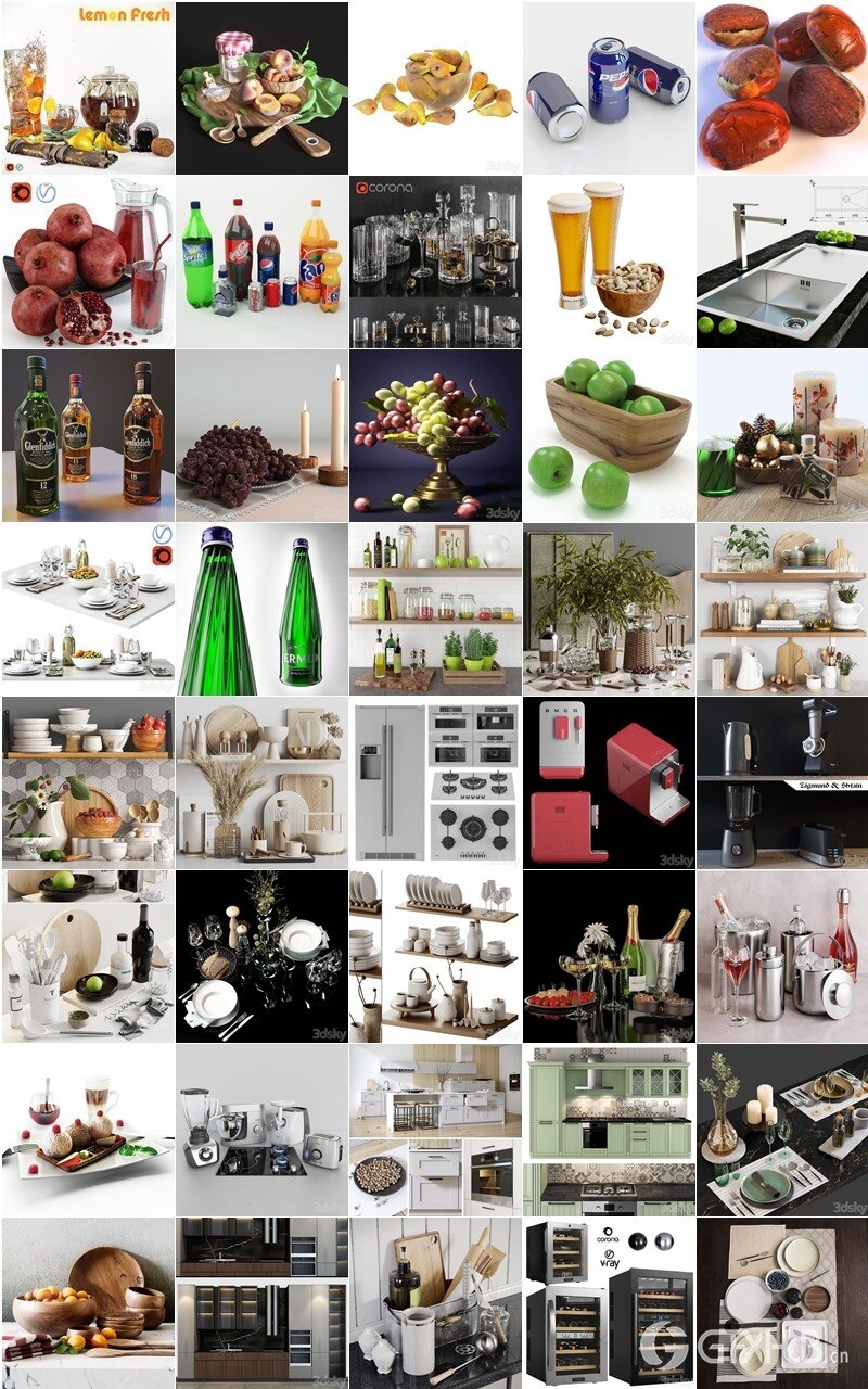 3DSky Pro 107套酒水饮料食品锅碗瓢盆水槽厨房装饰3D模型合集