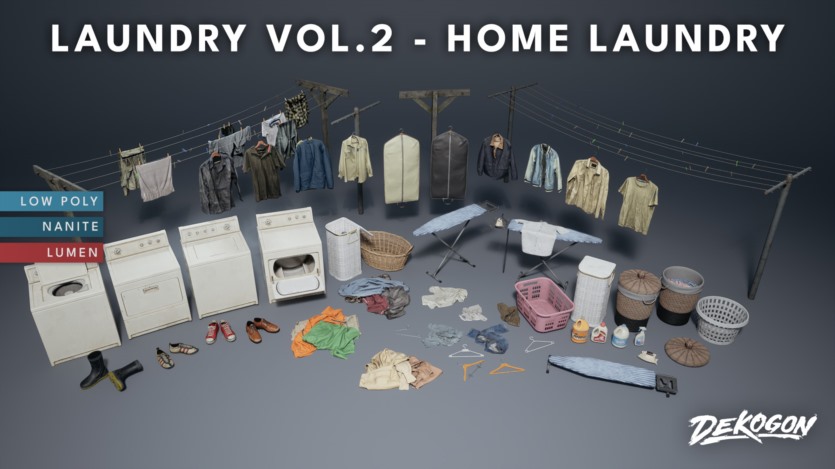 UE游戏家庭洗衣纳米机器人和低多边形道具集合 Laundry VOL.2 - Home Laundry Nanite and Low Poly UE5.1