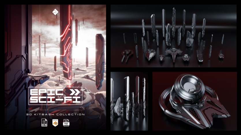 外星科幻建筑飞行器3D模型 Epic Sci-Fi – 3D Kitbash Pack (Blender/FBX/OBJ格式)