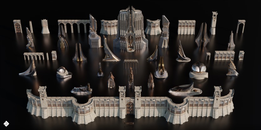 北欧奇幻风格建筑3D模型 Neo Asgard – 3D Kitbash Pack (Blender/FBX/OBJ格式)