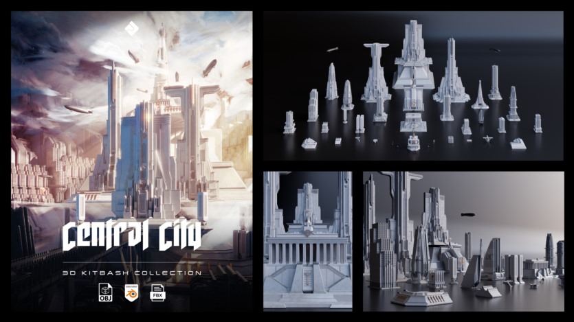 未来中心帝国城市楼房建筑3D模型 Asset Smash – Central City (Blender/FBX/OBJ格式)