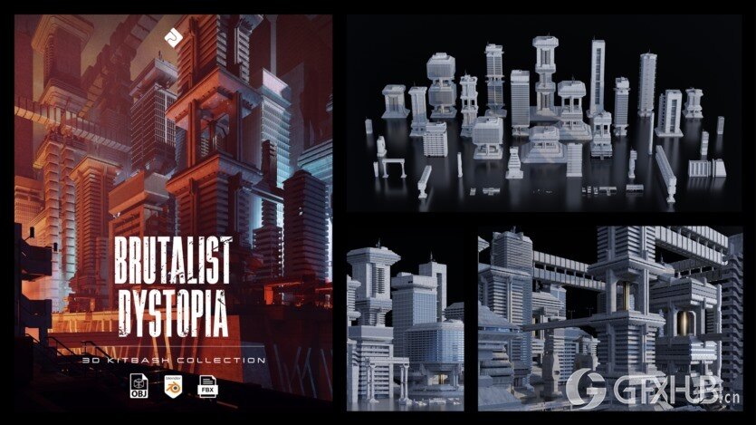 野兽派城市建筑3D模型 Brutalist Dystopia – 3D Kitbash Pack (Blender/FBX格式)