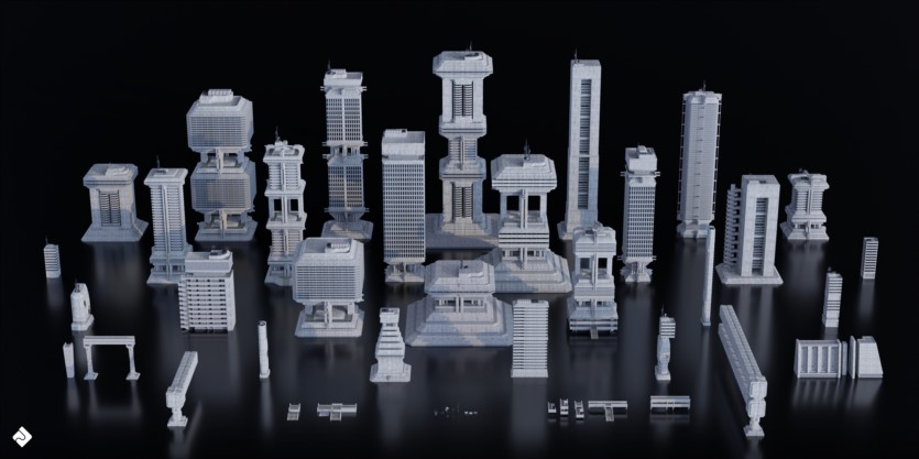 野兽派城市建筑3D模型 Brutalist Dystopia – 3D Kitbash Pack (Blender/FBX格式)