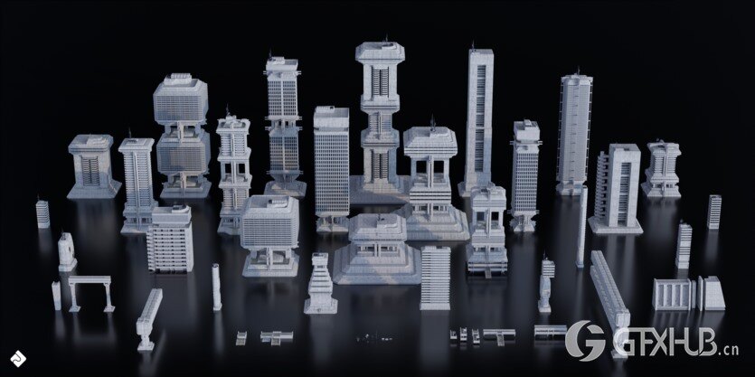 野兽派城市建筑3D模型 Brutalist Dystopia – 3D Kitbash Pack (Blender/FBX格式)
