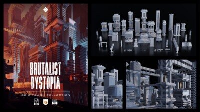 野兽派城市建筑3D模型 Brutalist Dystopia – 3D Kitbash Pack (Blender/FBX格式)