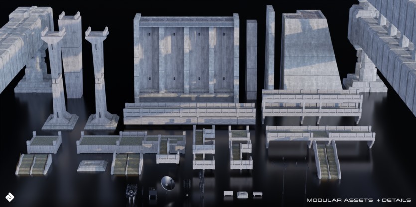 野兽派城市建筑3D模型 Brutalist Dystopia – 3D Kitbash Pack (Blender/FBX格式)