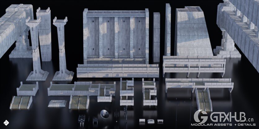 野兽派城市建筑3D模型 Brutalist Dystopia – 3D Kitbash Pack (Blender/FBX格式)