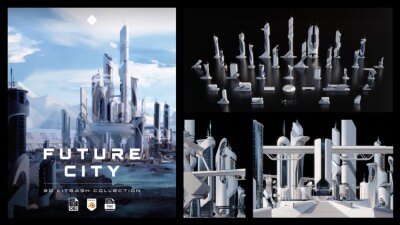未来城市建筑3D模型 Future City – 3D Kitbash Pack (Blender/FBX/OBJ格式)