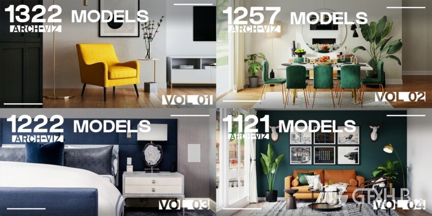 Blender 5003组室内家具床桌椅柜子沙发灯具植物3D模型 4套全集