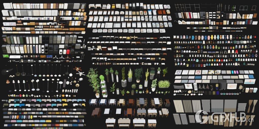 Blender 5003组室内家具床桌椅柜子沙发灯具植物3D模型 4套全集