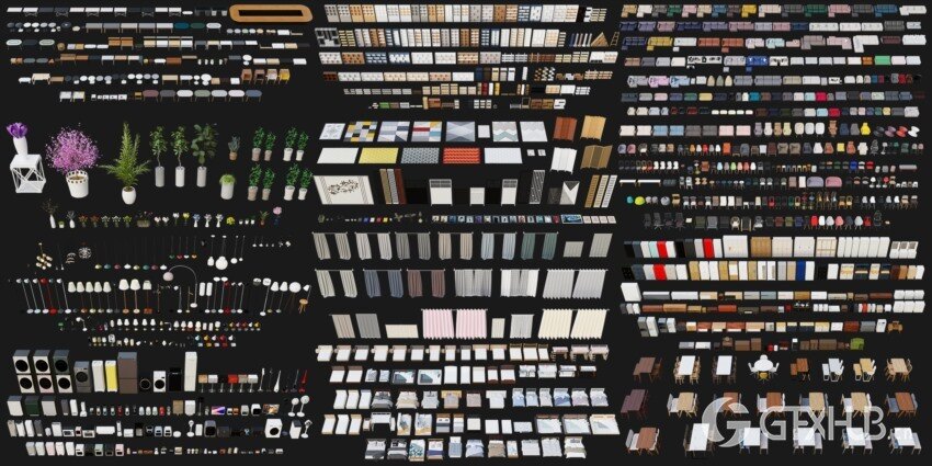 Blender 5003组室内家具床桌椅柜子沙发灯具植物3D模型 4套全集