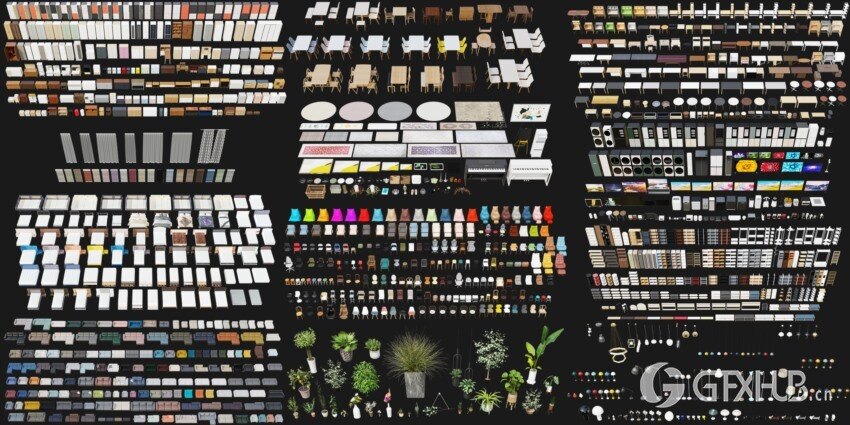 Blender 5003组室内家具床桌椅柜子沙发灯具植物3D模型 4套全集