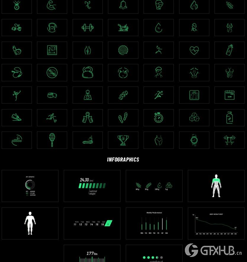 106个活力动感体育健身训练图形数据标题动画 mFitness