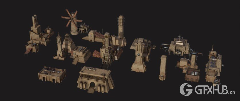 沙漠帝国模块化建筑3D模型 Empire Of The Sands - Desert Structures Kitbash Greeble Assets