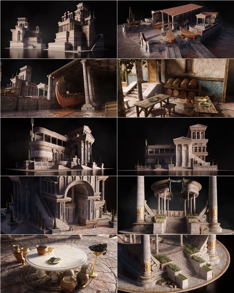 亚特兰蒂斯希腊北欧神话风格殿堂建筑场景3D模型 KitBash3D - Atlantis (格式：FBXUEBlend)