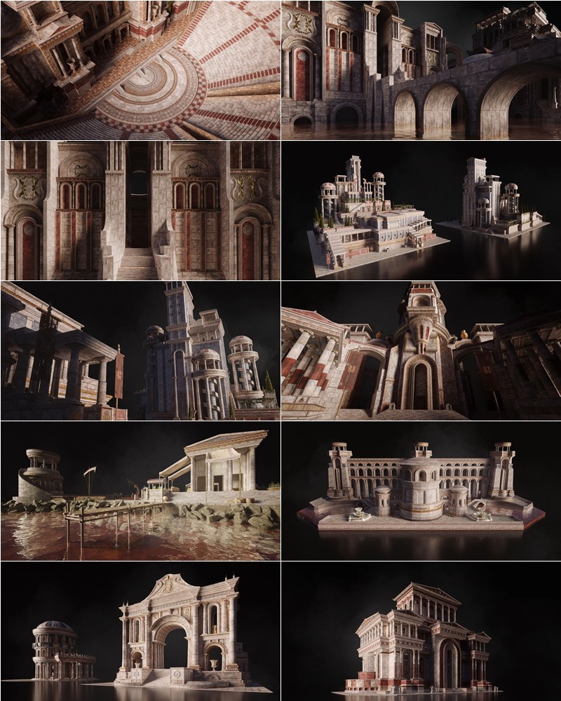 亚特兰蒂斯希腊北欧神话风格殿堂建筑场景3D模型 KitBash3D - Atlantis (格式：FBXUEBlend)