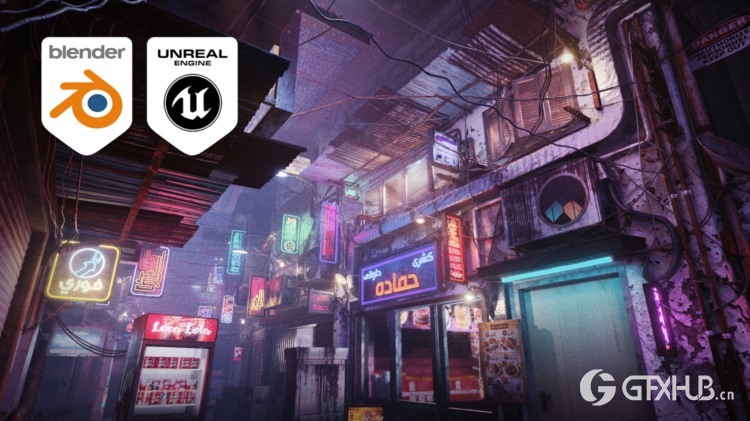 赛博朋克霓虹街道巷子场景3D模型 Cairo City Cyberpunk Streets (Blender/UE格式)