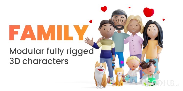 Blender卡通人物绑定角色3D模型 Family – Cartoon Modular Fully Rigged 3D Family