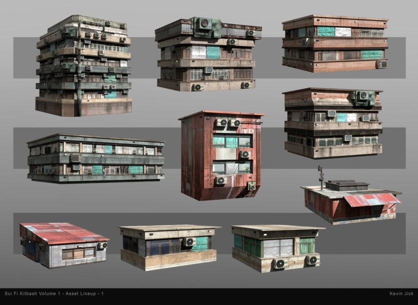 Blender科幻贫民楼房建筑3D模型资产 Sci-Fi Kitbash – Volume 1