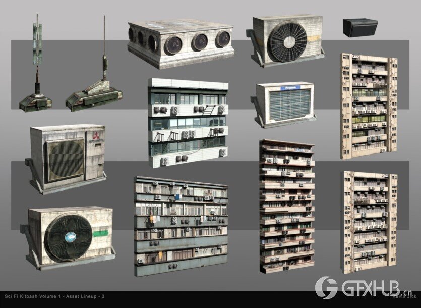 Blender科幻贫民楼房建筑3D模型资产 Sci-Fi Kitbash – Volume 1