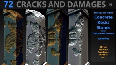 72个4K破损裂纹Alpha贴图和笔刷 Cracks And Damages 4K Brushes and Alpha Pack