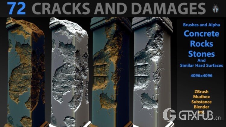 72个4K破损裂纹Alpha贴图和笔刷 Cracks And Damages 4K Brushes and Alpha Pack
