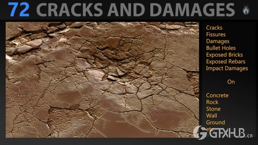 72个4K破损裂纹Alpha贴图和笔刷 Cracks And Damages 4K Brushes and Alpha Pack