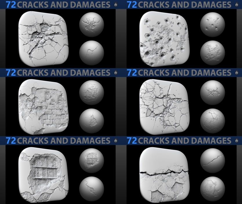 72个4K破损裂纹Alpha贴图和笔刷 Cracks And Damages 4K Brushes and Alpha Pack
