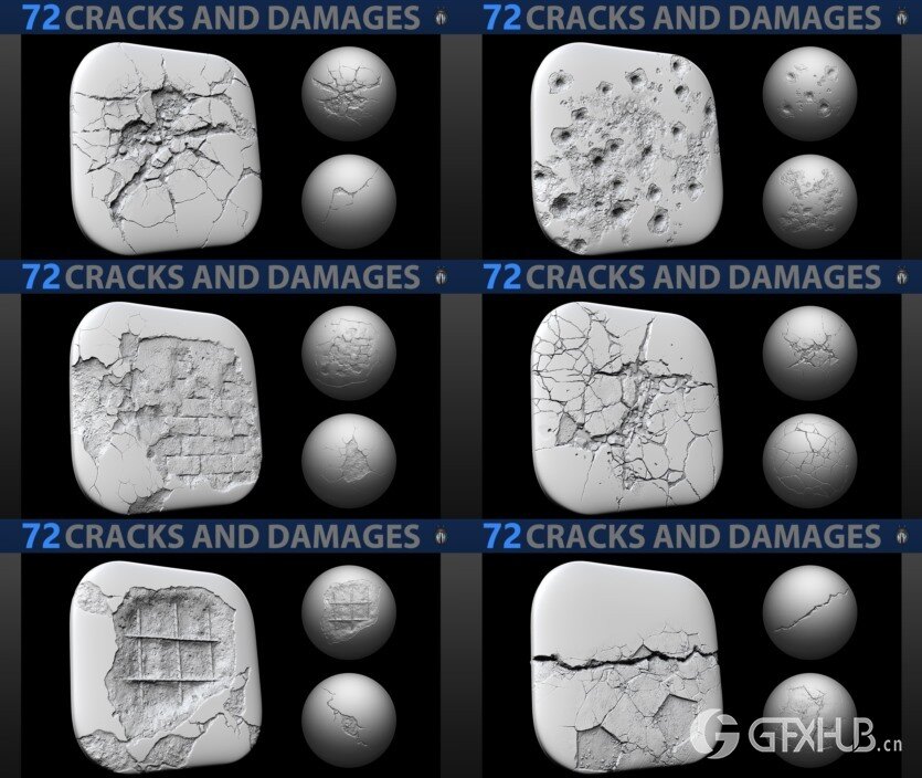 72个4K破损裂纹Alpha贴图和笔刷 Cracks And Damages 4K Brushes and Alpha Pack
